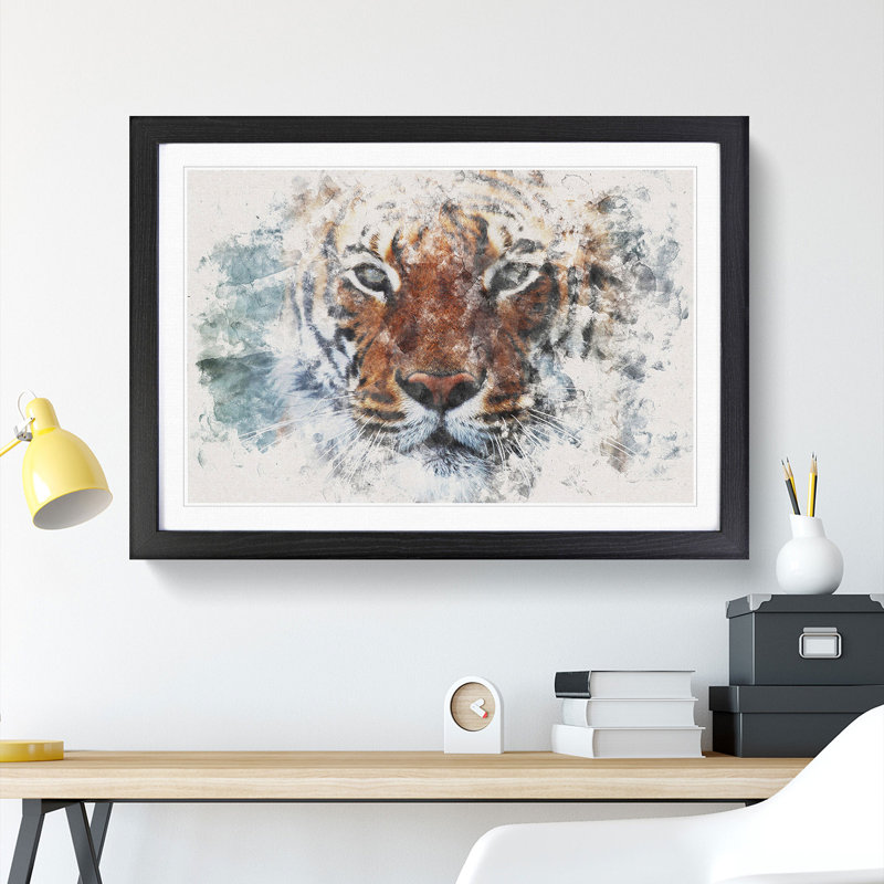 Tiger In The Blue Watercolour - Single Picture Frame Print on MDF, Black Framed, 62cm H x 87cm W x 2cm D