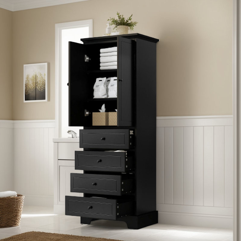 Storage Cabinet with 2 Doors and 4 Drawers for Bathroom, Office, Adjustable Shelf, MDF Board with Painted Finish,, Black