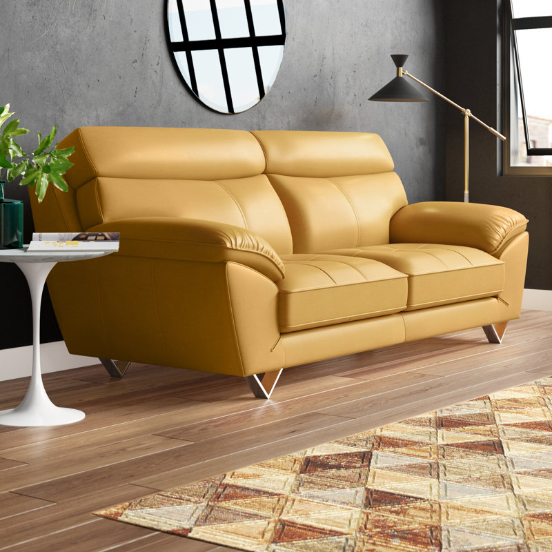 Holborn Leather Sofa, Yellow Genuine Leather, 37" H x 86" W x 39" D