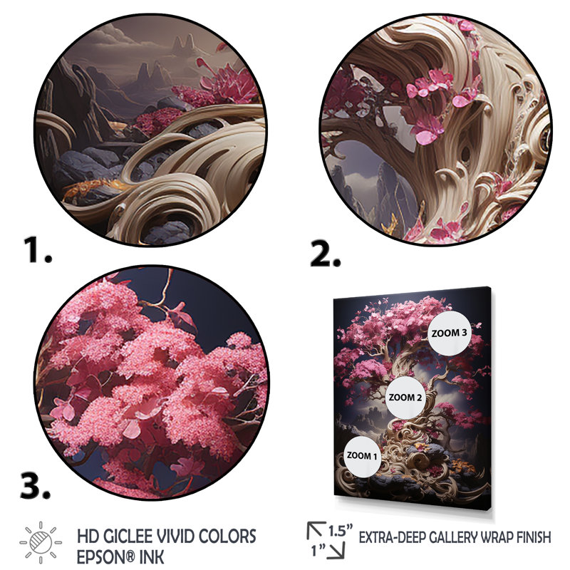 Orchidée rose jardin de branches II - art mural cerisier en fleurs, Cadre doré simple, H 40 po x l 30 po x P 1,5 po