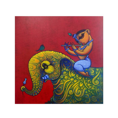 Bal Krishna avec éléphant | Acrylique sur toile | Par Ramesh Gujar