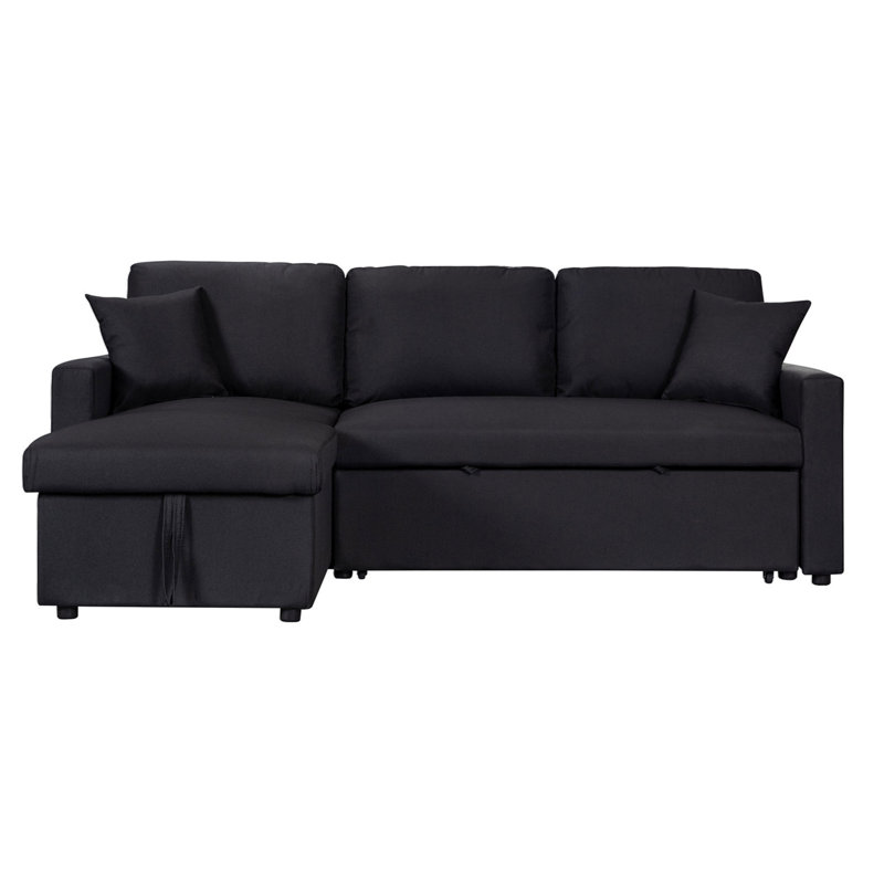 Mccutcheon Velvet Fabric Reversible Sleeper Sectional Sofa Chaise, Black Linen Blend
