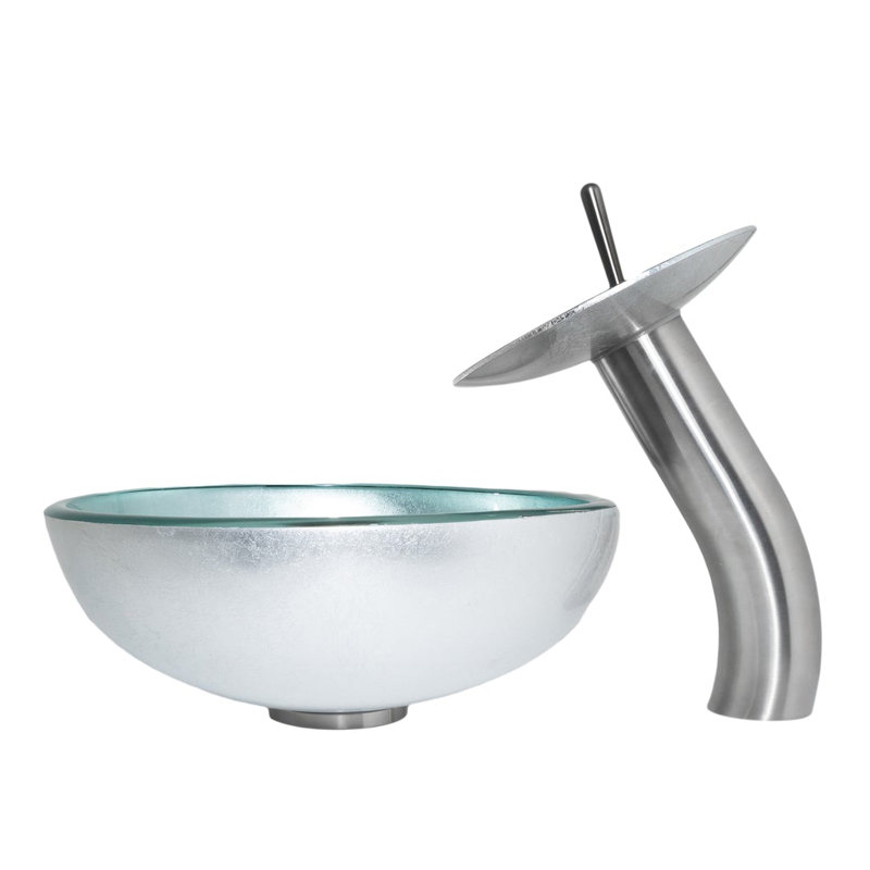 Novatto 12'' Glass Circular Bathroom Sink with Faucet, Silver, Brushed Nickel