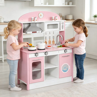 Cuisine de jeu en bois rose pour enfants avec lumières et sons réels, ensemble de jouets avec hotte, micro-ondes, évier, four et batterie de cuisine - Cadeau pour tout-petits de 3 à 8 ans