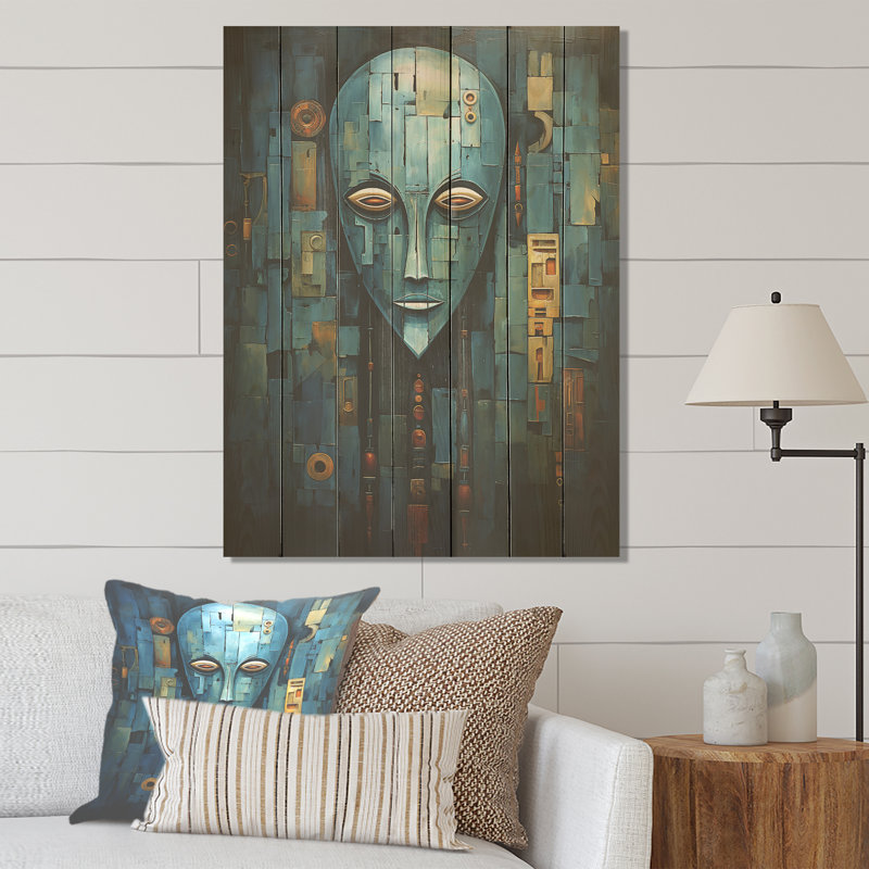 Blue Serenity African Mask - Masque africain sur bois, H 40 po x l 30 po