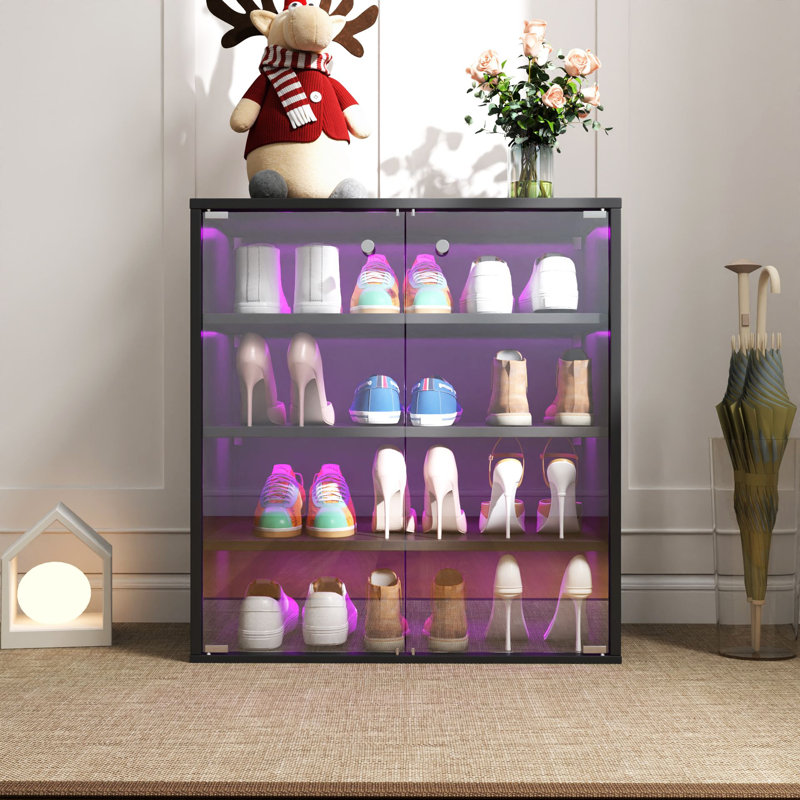 Shoe Box with RGB LED Light, Wooden Stackable Shoe Storage Box with Glass Door, Shoe Storage Bin Shoe Display Case for Sneakers (4 Tier-1)