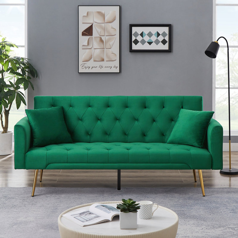 Ethyleen Twin 71.65'' Velvet Convertible Sofa, Green Velvet