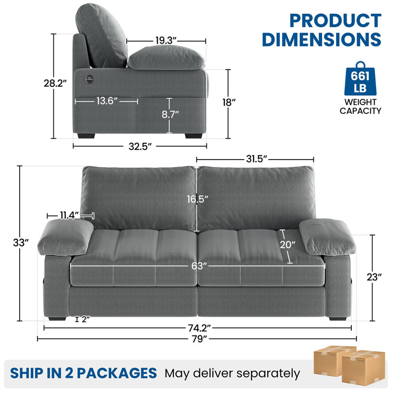 79'' W Upholstered Sofa Velvet Couch with USB Charging Ports, Gray