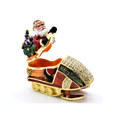 Boîte de bibelot père Noël sur jet ski. Émail coloré avec cristaux autrichiens