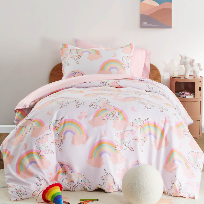  Space Rocket Reversible Duvet Cover Set, Twin/Twin XL, Pink Unicorn