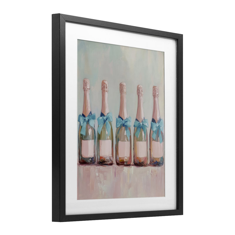 «Pink and Blue Champagne Bottles», reproduction imprimée sous verre encadrée par Petal Prints Design, Cadre noir minuit