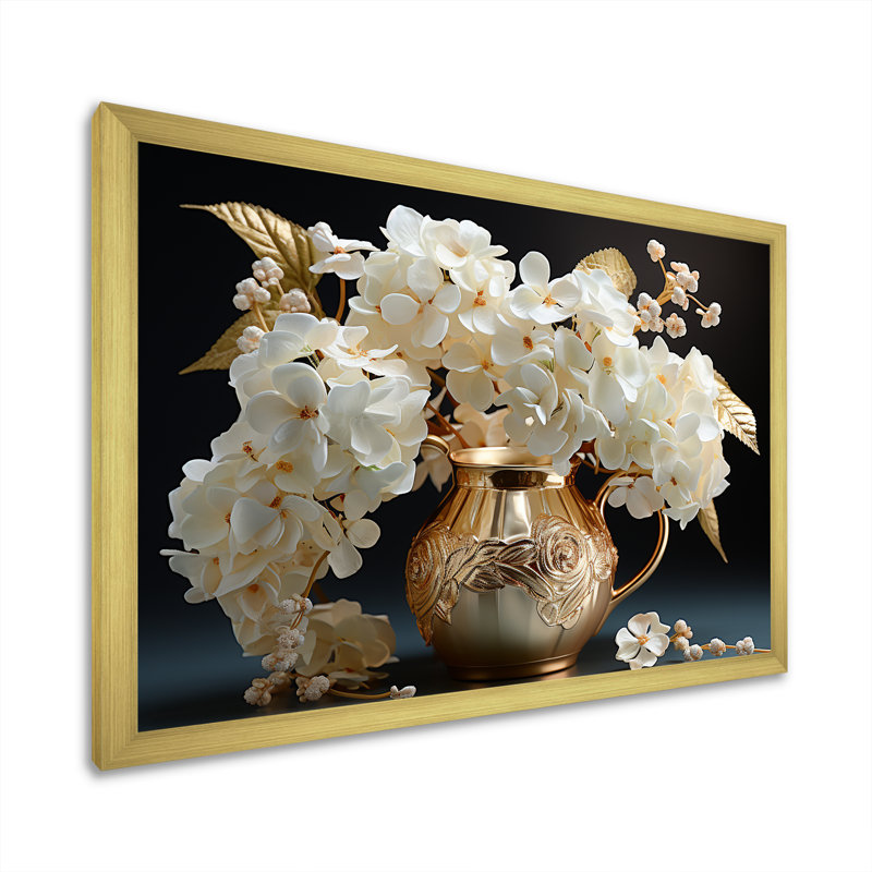 Baroque Hydrangea White And Gold V - Hydrangea Wall Decor, 12" H x 20" W x 1" D, Gold Single Picture Framed