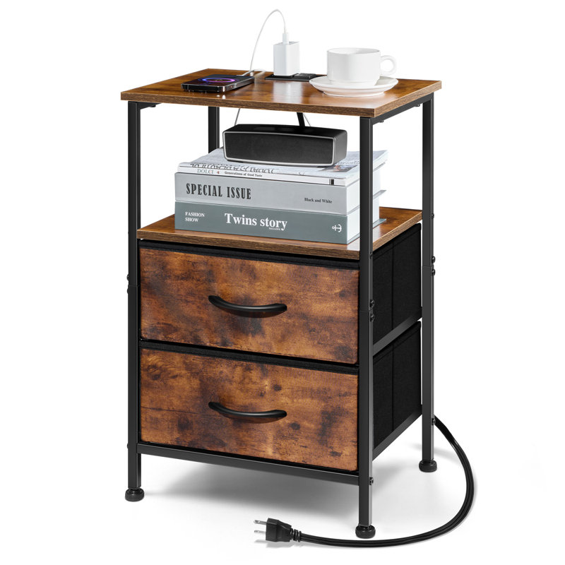 Wilmall Nightstand with Changing station, Brown Night Stand with 2 fabric drawers and Open Storage Shelf, Small Bed Side Table wit 2 USB Ports & 2 Outlets for Living room, Bedroom, Study Room