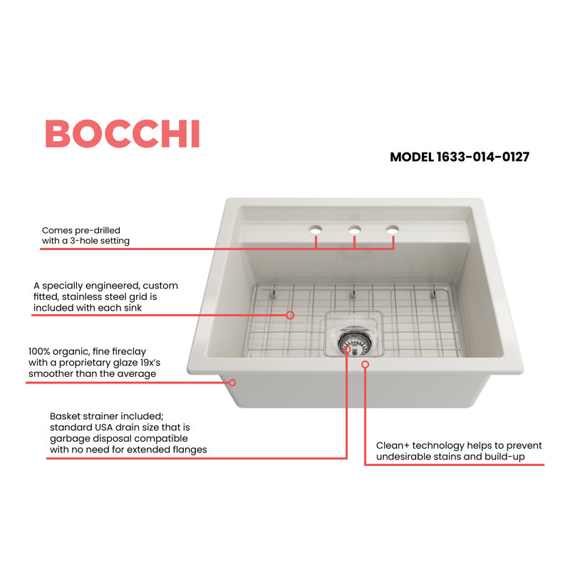 Baveno 27 in. L Dual Mount Single Basin Kitchen Sink, 3 hole, Biscuit