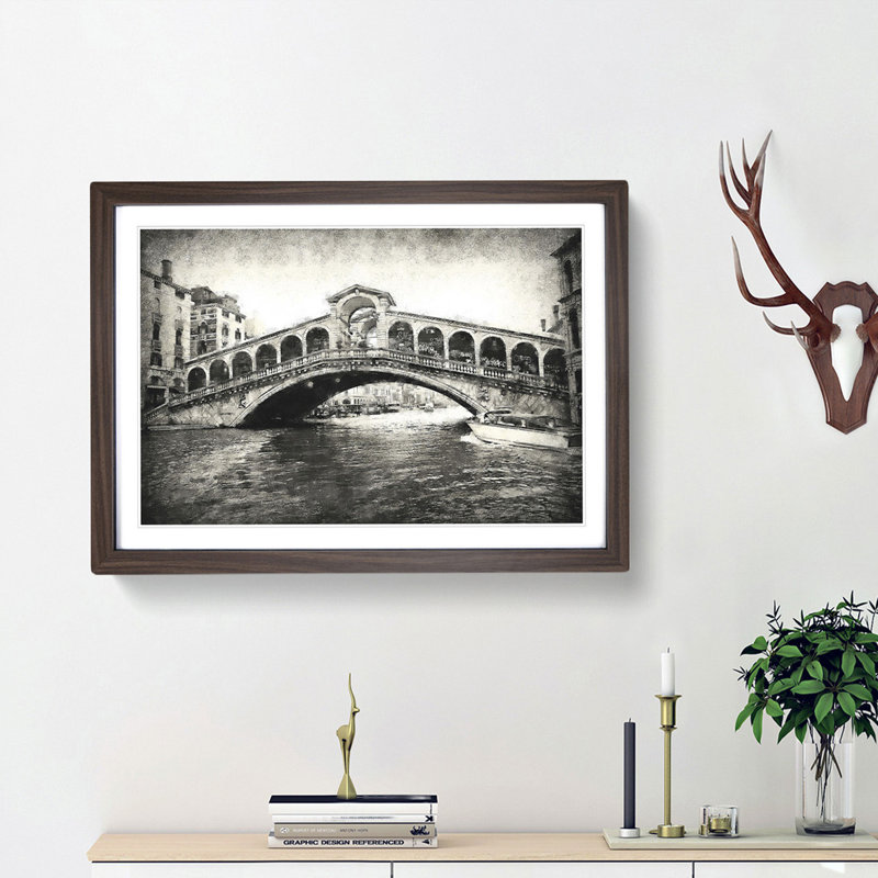 Rialto Bridge Venice Italy - Picture Frame Painting Print, 33cm H x 45cm W x 2cm D, Walnut Framed