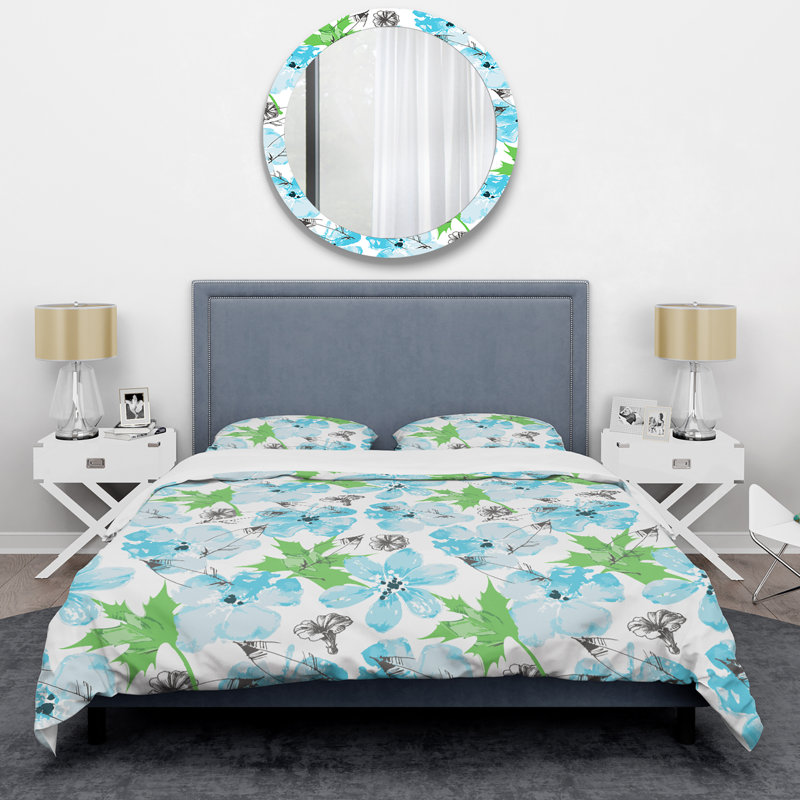 Fleurs bleues et feuille verte - ensemble de housse de couette floral - microfibre de polyester