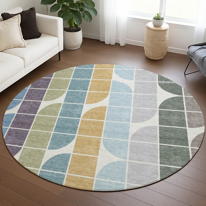 Machine Washable Indoor/Outdoor Lockway ACN2418 Mid-Century Modern Rug, Round 8'