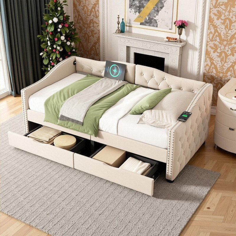 Structure de lit de jour simple rembourrée avec tiroirs de rangement, support en lattes de bois, aucun sommier nécessaire