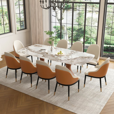 Table de salle à manger rectangulaire de style moderne du milieu du siècle, grande taille (94 po), en pierre frittée brillante, avec double pied central et chaises rembourrées (6/8/10/12 personnes).