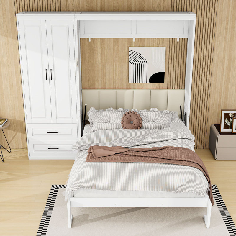 Grand lit escamotable en bois avec garde-robe de rangement et tiroirs, Blanc