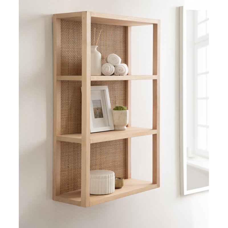 Ori Tiered Rattan Wall Shelf for Use as Bathroom Over-the-Toilet Storage Shelves, Tan