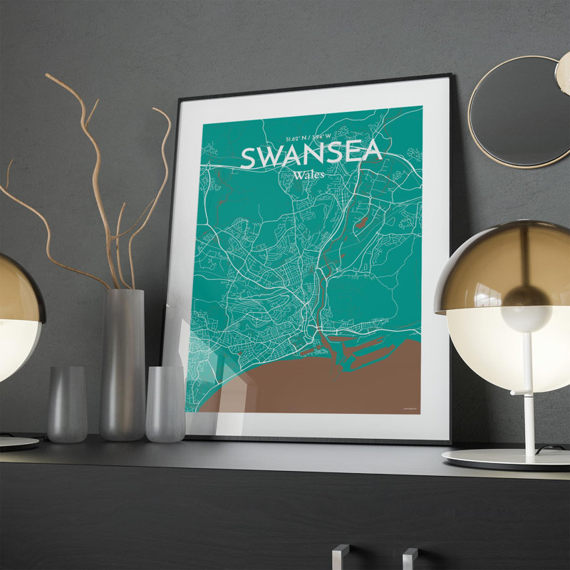 Swansea City Map, impression, H 24 po x l 18 po, Vert / Brun