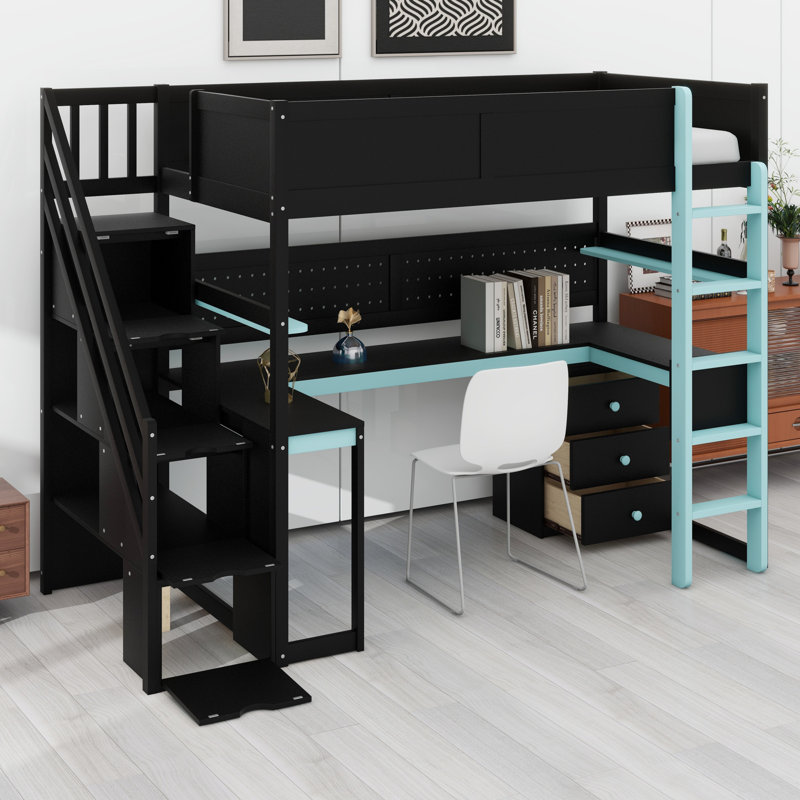 Modern Gaming Loft Bed With Innovative Storage Stairs, Spacious Desk, Customizable Shelves & Pegboard, Black/Blue