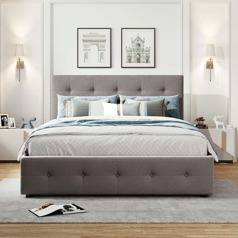 Lit plateforme tapissier avec 2 tiroirs et 1 lit gigogne en tissu de lin