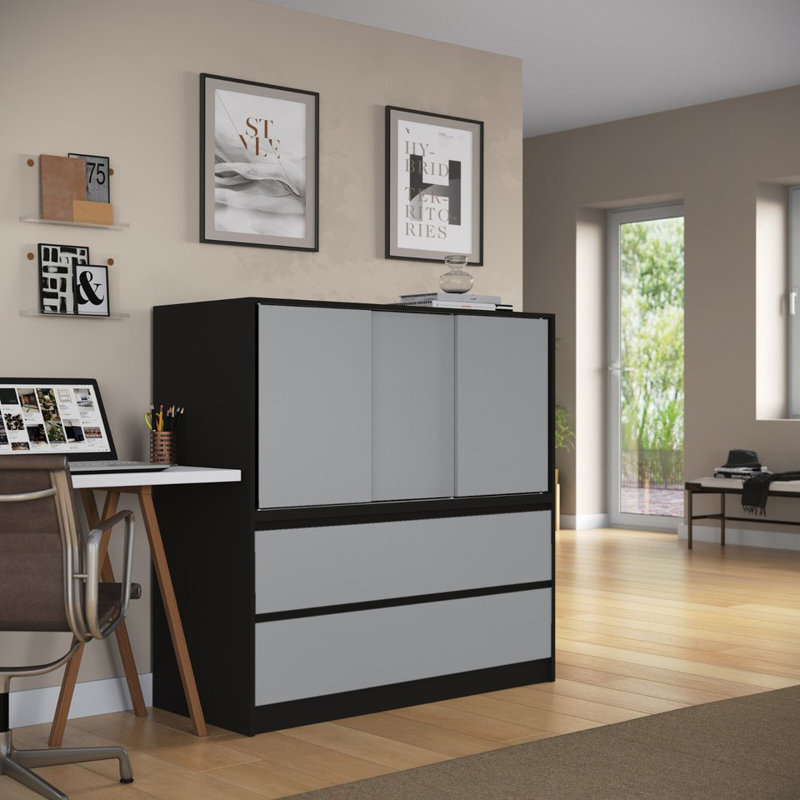 Solid Wood Rectangle Accent Cabinet, Black with Grey