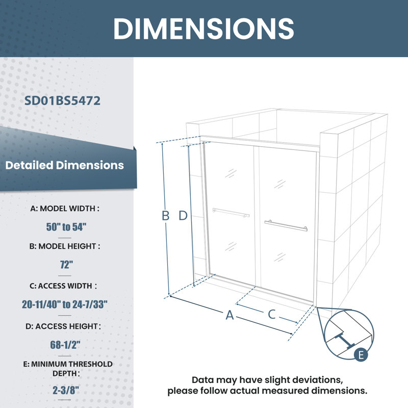 50-54" W x 72" H Framed Double Sliding Shower Door, Brushed Nickel, 1/4" Tempered Glass with Nano Easy-Clean Coating