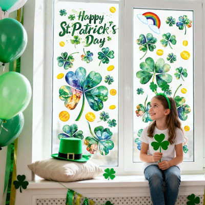 Décorations pour fenêtres (trèfles et shamrocks) pour la Saint-Patrick. 8 feuilles d'autocollants décoratifs pour fenêtres (trèfles et shamrocks) pour la Saint-Patrick, accessoires de fête irlandaise, autocollants pour portes vitrées et décorations printanières.