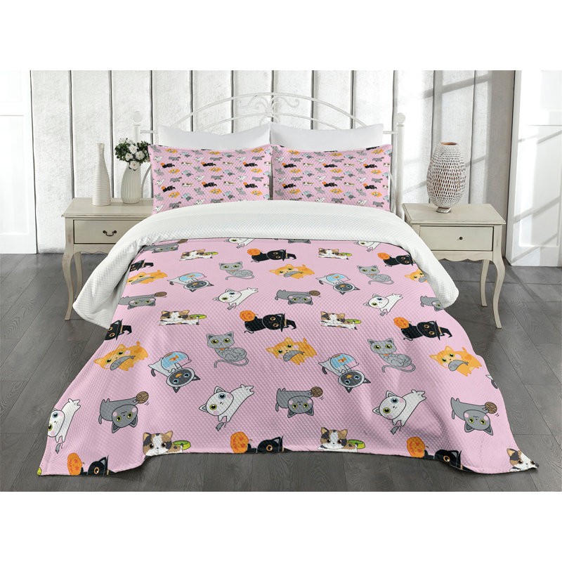 Ambesonne Cat Bedspread Set Colorful Kittens Multicolor, King Bedspread + 2 Pillow Shams
