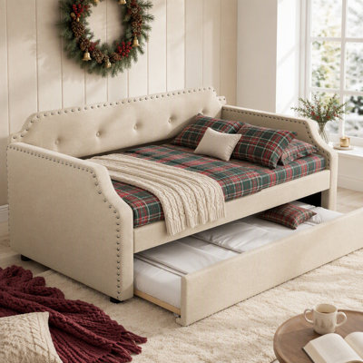 Upholstered Daybed with Trundle and Wood Slat Support, Ideal for Multiple Uses in Various Rooms and Spaces