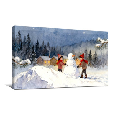 Christmas Winter Scene Children Building Snowman