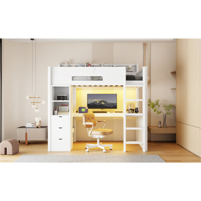 Lit mezzanine simple en bois avec bureau en forme de U, lumières DEL RVB intelligentes et ports USB, canapé-lit multifonctionnel à 3 tiroirs et tablettes de rangement pour adolescents, blanc