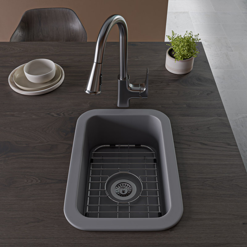 ALFI brand ABF1319UD-GM Grey Matte Small 13"x19" Rectangle Fireclay Undermount or Drop In Prep Sink w Grid, Matte Gray