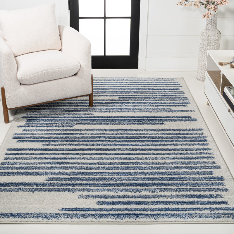 Baumgardner Modern Berber Stripe Cream/Navy Rug, Rectangle 7'9" x 10'