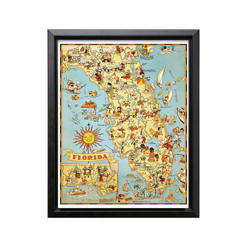 Carte illustrée de la Floride, Cadre noir, Canevas, H 16 po x l 20 po
