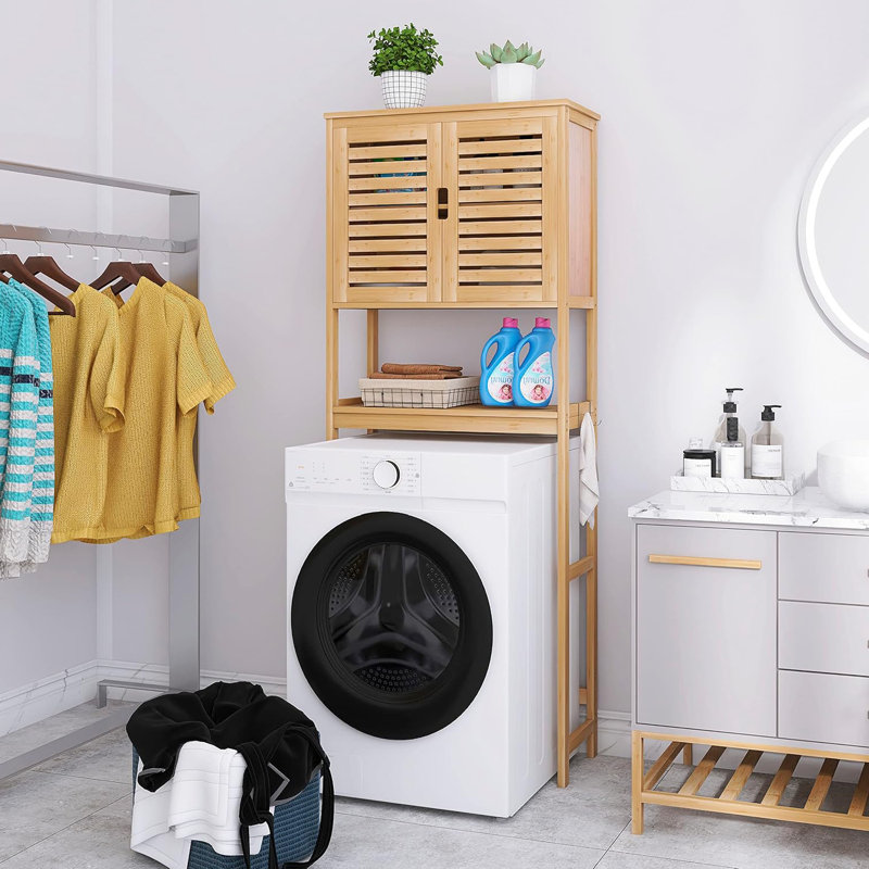Over The Toilet Freestanding Space Saver Toilet Rack with Adjustable Inside Shelf and Open Shelf, Natural