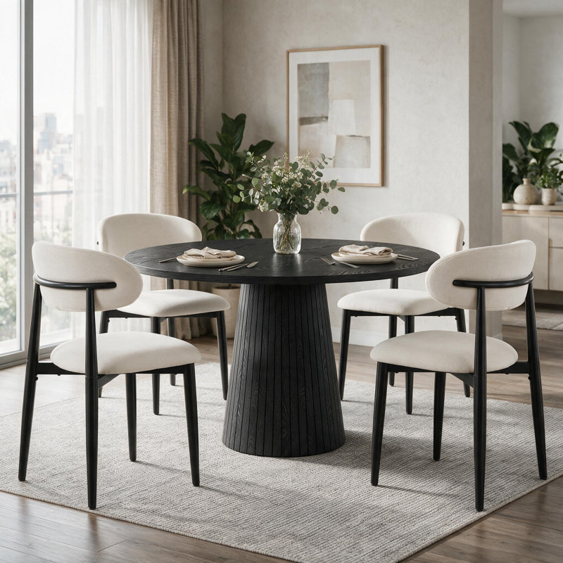 Ensemble de salle à manger moderne de 5 pièces comprenant une table ronde de 119 cm (47 po) avec pied central et 4 chaises rembourrées en tissu bouclé à dossier incurvé, idéales pour la cuisine et la salle à manger.
