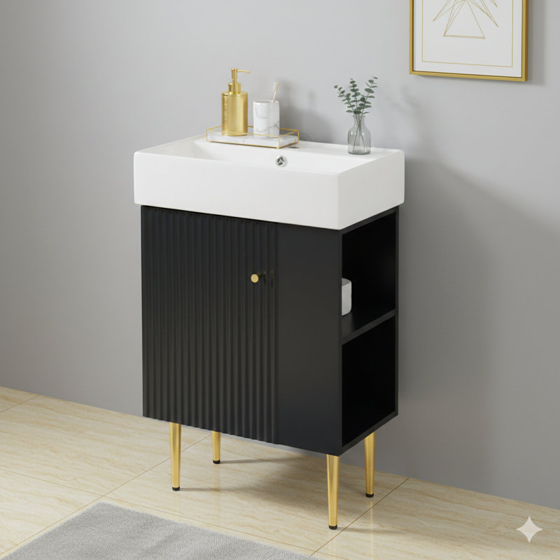 21.6-Inch Bathroom Vanity In Black, Combination Vanity And Cabinet, Bathroom Storage Unit With A Single Ceramic Basin, Storage Compartment On The Right Side