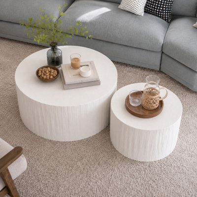 Nesting Coffee Table Set of 2, Round Wood Accent Tables with Handcrafted Textured Relief Design, Modern Side Tables for Living Room, Space-Saving Stac