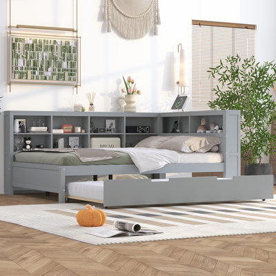 Wooden Full Size Daybed with Twin Trundle, Storage Shelf & USB Charging Ports, Grey