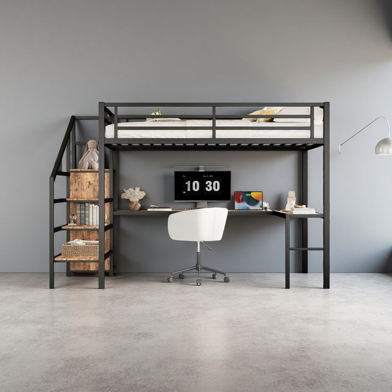 Queen Size Loft Bed with L-shaped Desk and USB, Metal Loft Bed with Wardrobe and Adjustable Shelf, High Loft Bed with LED for Kids Teens Adults, Wood-grain