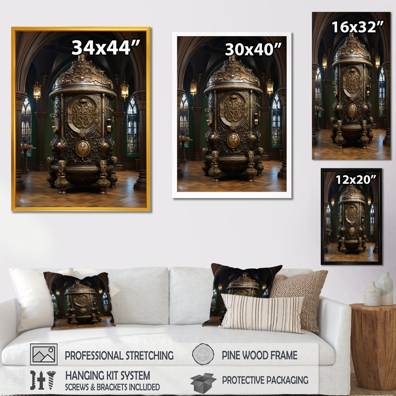 Or élégant baril de vin - art mural vin, Cadre flottant doré, H 40 po x l 30 po x P 1,5 po