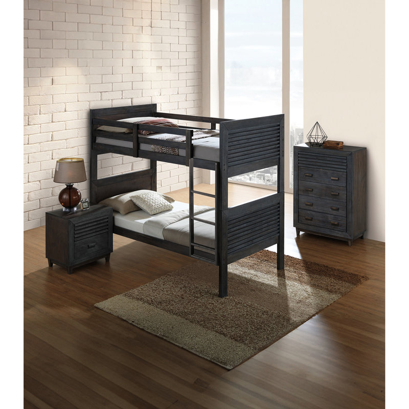 Lit simple superposé au dessus d'un lit superposé brun anthracite en bois franc massif, réversible, conception à lattes, tête de lit à panneau, joint pour la chambre à coucher