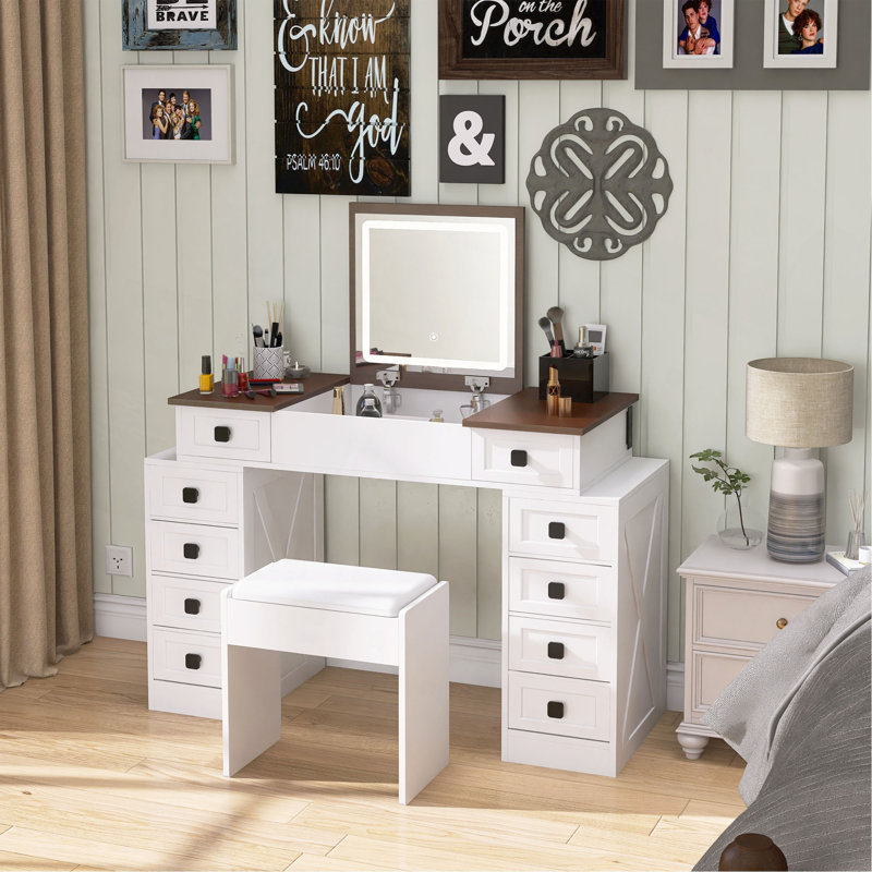 Meuble-lavabo avec éclairage à DEL à intensité variable avec 10 tiroirs, table de maquillage avec miroir rabattable pour économiser de l'espace, grand ensemble de coiffeuse avec tabouret et tiroirs