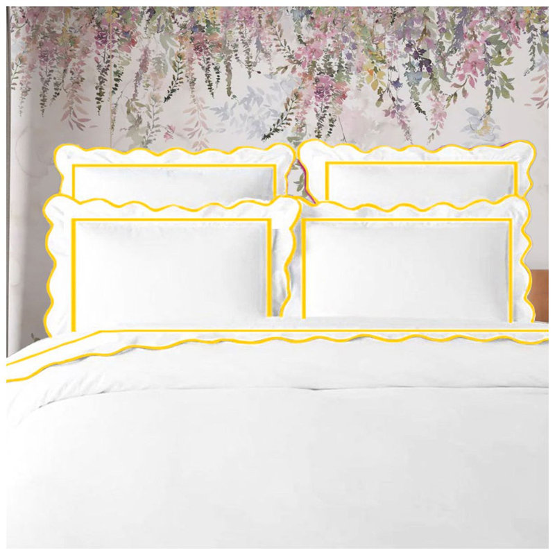 400TC Cotton Scallop Embroidery & Border Sateen Solid Duvet Cover Set, California King/King Duvet Cover, White/Gold