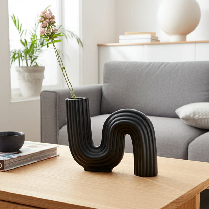 Stoneware Ceramic Vase with Sculptural Curved Shape and Ribbed Textured Design, Black