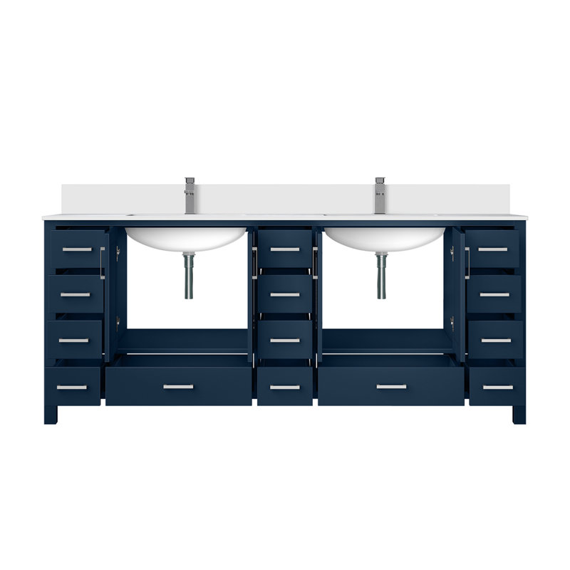 Double Bath Vanity with White Quartz Top and Faucet Set, Navy Blue